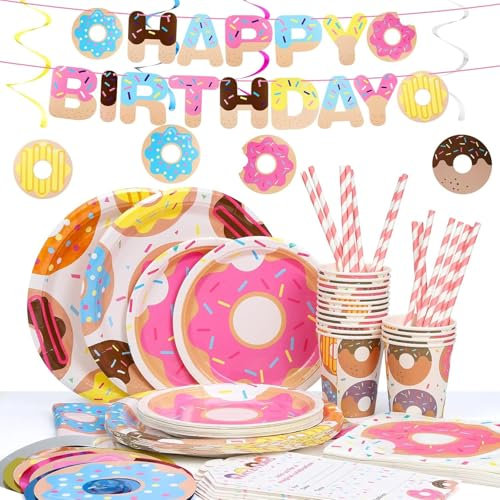Kit Festa Compleanno Ciambella, Gtuzkheu Tavola Party Addobbi Inclusi Tovaglia, Striscioni, Piatti, Tovaglioli, Bicchieri, Bambini Compleanno Party Set per 16 Ospiti, 110pz