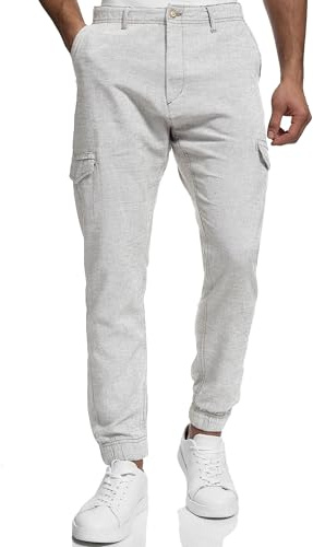 Indicode Herren Booth Cargohose aus Leinen & Baumwolle mit 6 Taschen | Stoffhose für Männer Lt Grey, 3XL