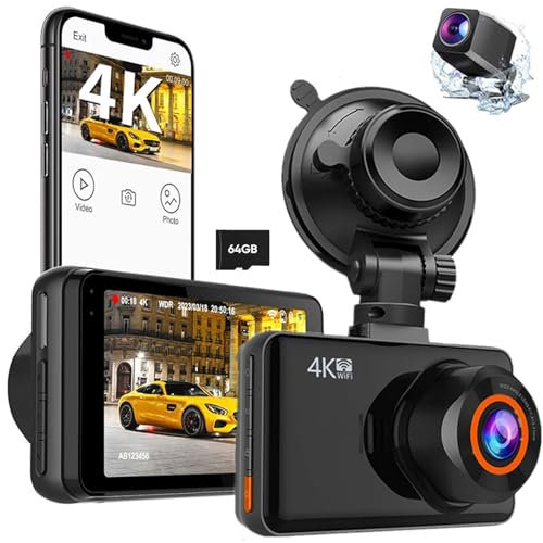Dashcam Auto Vorne Hinten Dasch cam 4K+1080P WiFi AutoKamera mit 64G SD Karte, 3 IPS-Bildschirm Dashcam mit App Steuerung, 170°Ultraweitwinkel Nachtsicht,G-Sensor, Loop-Aufnahme, Parküberwachung