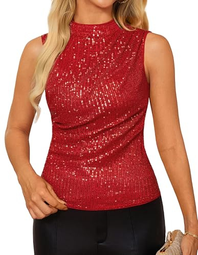 GRACE KARIN Women's Elegant Sequin Tank Tops Modisches Alltag Party Ärmellos Glitzer Pailletten Plissiertes Oberteil Rot XL