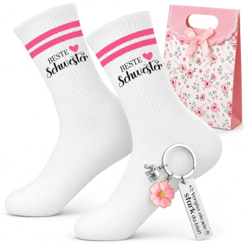 Beste Schwester Geschenke Set: Socken, Schlüsselanhänger & Geschenktüte | Geschenke für Schwester: Baumwollsocken EU 36–44 & Edelstahl Anhänger, ideales Geschenke Schwester Geburtstag & Weihnachten