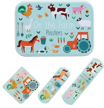 Rex London Dinosaurier Pflaster Set in Metalldose, 30 Stück Latexfrei, 3 Größen, Bunte Dino-Motive für Kinder (Bauernhof)