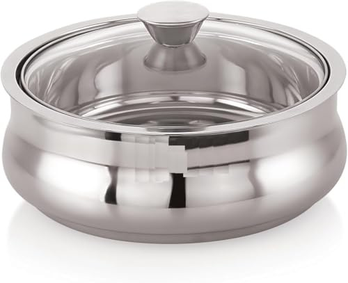 Stainless Steel Chapati Casserole with Glass Lid, Roti Storage Container, Food Serving Hotcase Size : 1250 ML Pack 1
