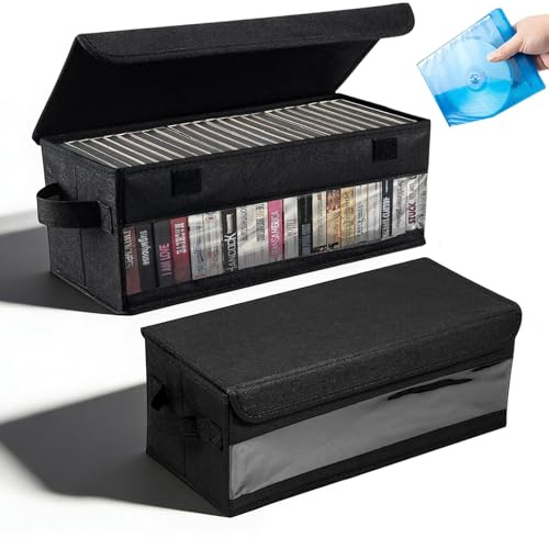 HUSOUE 2 Pack CD Storage Boxes, DVD Storage Box with Cover and Window 14.2x6.3x5.5 CD Storage Case Holds 30 CDs in Full Jewel Cases 60 CDs in Slim Cases 170 Discs