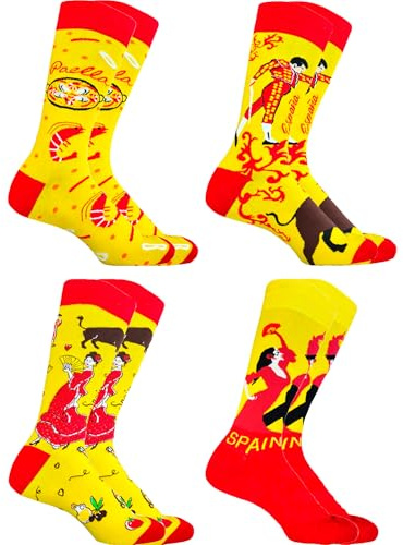 PS PROUTHS Calcetines España Hombre (4 Pares) Calcetines con Diseños Españoles Paella, Toros, Sevillana y Flamenco, 98% Algodón, Talla 40-46 (ESPAÑA X4-(40/46))
