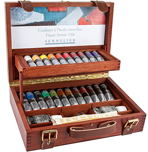 Sennelier Professional Artists Oil colour paint wooden box set, 22 x 40 ml tubes plus brush dipper and more