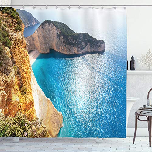 ABAKUHAUS Griechenland Duschvorhang, Zakynthos-Küste, Stoffliches Gewebe Badezimmerdekorationsset mit Haken, 175 x 220 cm, Meerblau