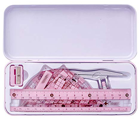MEGAUK Geometrie Set mit Zirkel Mathematik-Set Schreibwaren-Set für Kinder Schule Uni, gerades Lineal Stellwinkel Dreieck Winkelmesser in stabiler Metallbox 10 tlg. (Rosa)