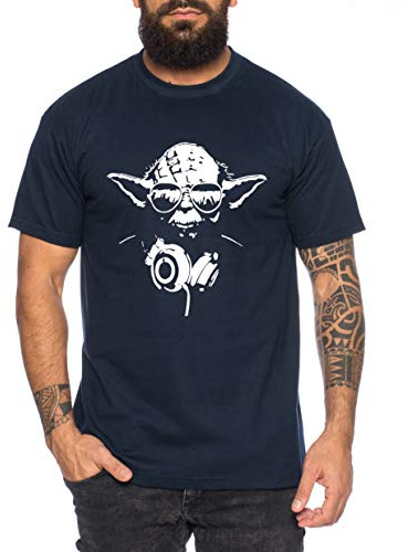 Tee Kiki Yoda - Herren T-Shirt DJ YODA Jedi Ritter The Empire Turntables Music Rave House Trance Techno Geek, XL, Dunkelblau