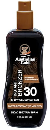 AUSTRALIAN GOLD SPF 30 Spray Gel Sunscreen with Instant Bronzer 8 fl oz (237 ml) Crème Solaire en Gel Spray FPS 30 Bronzer Instantané