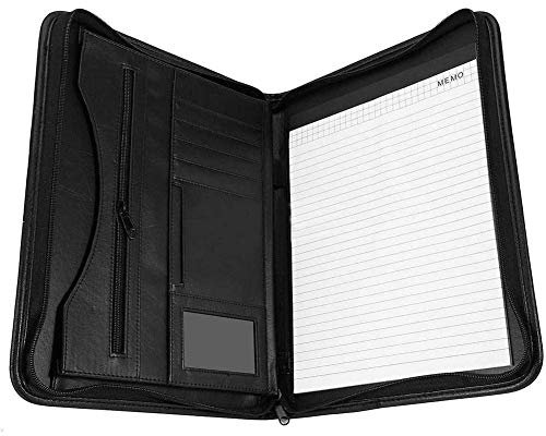 Dokumententasche A4 Leder mit Reißverschluss, Dokumententasche Organizer für Konferenz, mit Fächern und Kartenfächern, Schwarz