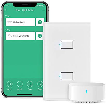 Interrupteur mural intelligent et tactile BroadLink, double à fil unique, sans neutre ni condensateur requis, fonctionne avec Alexa et Google Home, commutateur requis (commutateur inclus)