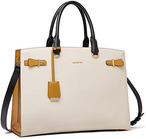 BOSTANTEN Damen Leder Aktentaschen 15.6 Zoll Laptoptasche Frauen Schultertaschen Businesstasche Handtasche Beige