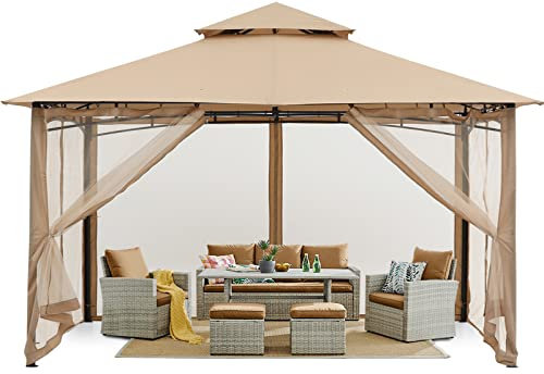 MASTERCANOPY 3 x 3,6 m Doppeldach Gartenpavillon Gartenlaube Pavillon mit 4 Netz für Garten, Hof, Khaki