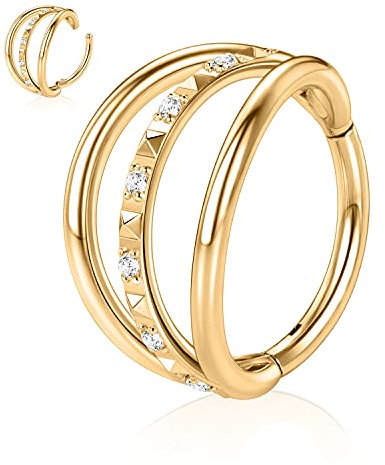 hengkaixuan 16G CZ Nasenringe 316L Triple Stacked CZ Pyramide Knorpelohrringe Conch Hoop Ringe Septum Ohrstulpe Helix Clicker Scharnierring Unisex Lip Hoop Ohrringe Tragus Piercing Schmuck 8mm Gold