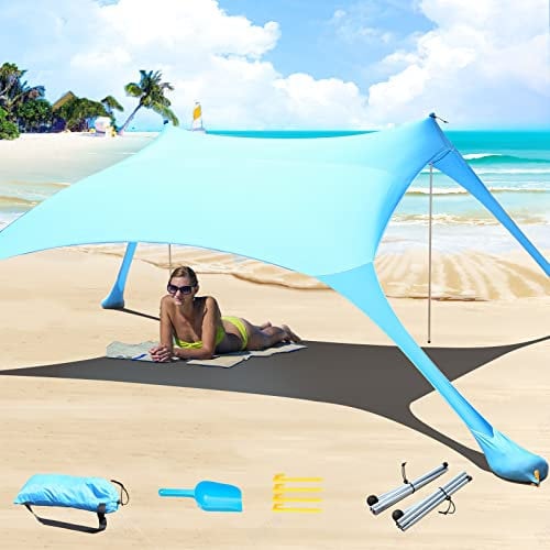 CUUPO Tienda de campaña de Playa 2 x 2.1 m, protección UV UPF50+, toldo para Exteriores con 2 Postes para Camping, Playa, Pesca, Patio Trasero y picnics con Manta de Playa, Azul