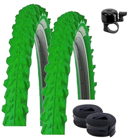 2 x Kenda MTB K-829 Fahrradreifen in Grün 50-559 (26 x 1.95) + 2 passende Schläuche AV inkl. maxxi4you Fahrradklingel
