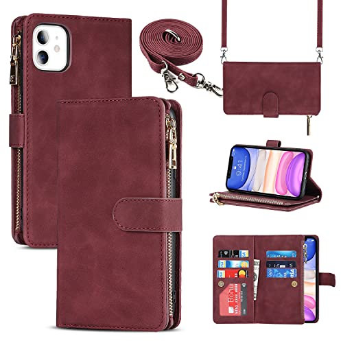CAVOR Handykette Handyhülle kompatibel mit iPhone 11 Hülle Mit Band,Flip Leder Geldbörse Hülle Mit Kette,[9 Kartenfach][Doppelte Schnalle],Umhängeband Klapphülle Handytasche - Rot