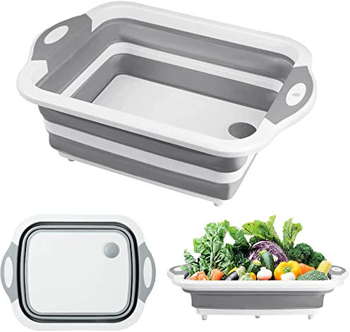 Planche à découper de camping pliable - 3 en 1 - Planche à découper multifonction - Planche à découper portable - Panier à légumes pliable - Panier de vidange - Pour cuisine, fruits, légumes