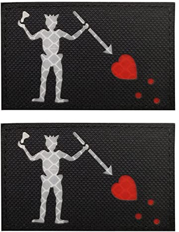 2 Stück AliPlus Blackbeard Flaggen-Patches Edward Teach Piratenflagge, IR-Infrarot, reflektierend, lasergeschnitten, taktischer Moral, Haken und Schlaufe (schwarz)