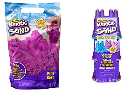 Kinetic Sand Beutel Pink, 907 g - magischer Sand aus Schweden für Indoor-Sandspiel, ab 3 Jahren & Schimmer Sand 3er Pack 340 g - 3 Farben Glitzersand aus Schweden für Indoor Sandspiel, ab 3 Jahren