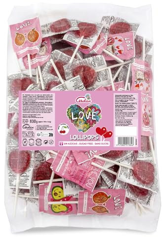 Caramelos Cerdán - Piruletas Corazón sin Azúcar Love Sabor Cereza | Bolsa de 100 Unidades | Caramelo Duro con Palo Sin Gluten ni Alérgenos | Ideal para San Valentin y Cumpleaños