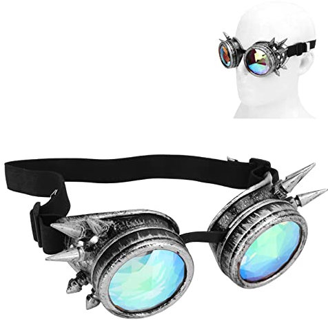 PUSOKEI Retro Steampunk Brille, Regenbogen Kristall Linsen Trippy Kaleidoskop Brille, Festival Cosplay Zubehör Kaleidoskop Linsen für Halloween, Dekoration, Party (Antikes Silber)