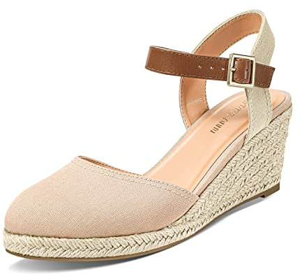 PIZZ ANNU Womens Wedge Sandals Canvas Ladies Espadrilles Summer Elegant Buckle Mid Heel Platform Closed Toe Shoes Nude Size 7.5/8