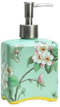 Bicuzat Seifenspender aus Keramik, Seifenflasche mit Abnehmbarer Pumpe, Blumenmuster, Küche, Bad, Lotion und ätherisches Öl, Türkis, 400 ml
