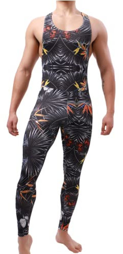Juflam Herren Mode Gedruckt Ein Stück Bodysuit Wrestling Singlet Athletische Leotard Gym Sportswear Undershirt Vest Top (schwarz, L)