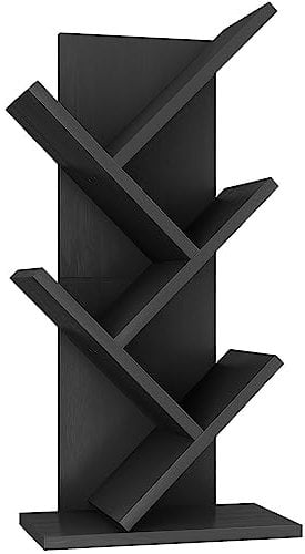 YMYNY 4 Tier Tree Bookshelf, Small Bookcase, Modern Wood Book Storage Rack, Freestanding Book Shelf for Books/Movies/CDs, Narrow Display Rack for Living Room, Home Office, Black HBC014B