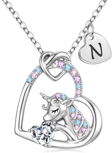 TINGN Einhorn Kette für Mädchen Geschenke - CZ Einhorn Anhänger Kette für Mädchen Herz Einhorn Kette Kinder Einhorn Halskette mit Buchstaben Kinder Schmuck Mädchen Geburtstagsgeschenk für Mädchen