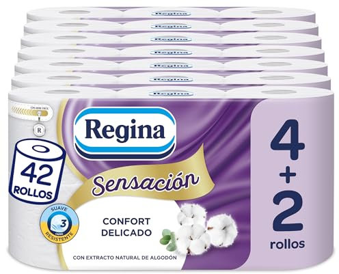 Regina Gefühl – 42 Rollen Toilettenpapier, 175 Blatt dreilagig, natürlicher Baumwollextrakt und zart parfümiert, Verpackung aus 60% recyceltem Kunststoff, 100% FSC-zertifiziertes Papier