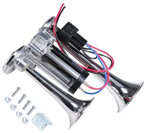 Klaxon à air pour camion 150 dB 12 V double trompette super puissant avec compresseur pour camions, trains, camions, voitures, bateaux (argenté)