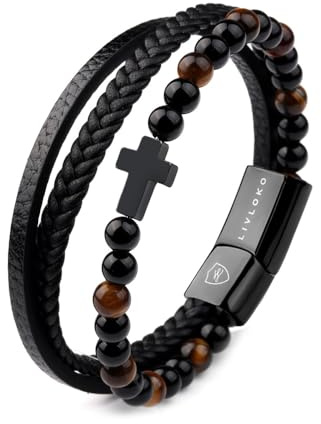 LIVLOKO Mens Bracelet Leather Black Multi-Layer Tiger-Eye Beaded Bracelet for Men Magnetic Clasp Rope Wristband Mens Gift for Boyfriend
