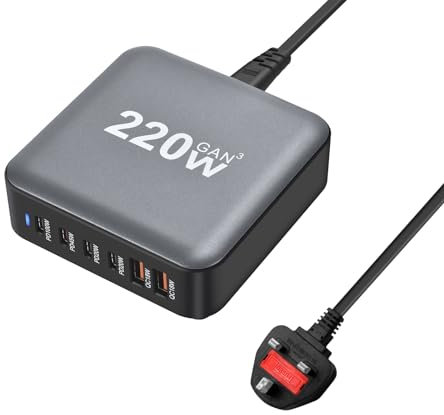 BAHOND 220W GaN III 6 Ports USB C Fast Charging Station Hub Block Portable Wall PD Charger Power Adapter With 4 USB-C + 2 USB-A, 100W Port for MacBook Pro/Air, iPhone 15 14 13 12 11, Galaxy S24 S23