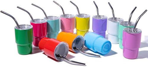 REFARICO 12 Pack 3oz Mini Tumbler Shot Glasses with Straw and Lid Stainless Steel Colored Sublimation Tumblers Double Wall Vacuum Insulated Cups for Party, Birthday's Day-Multicolor