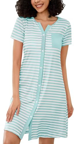 Marvmys Chemises de Nuit Coton Manches Courtes Rayure Robe de Nuit Bouton Ouvert Devant Vêtements de Nuit Chemise de Nuit Cardigan Femme Vêtement d'Intérieur Modèle B 3XL