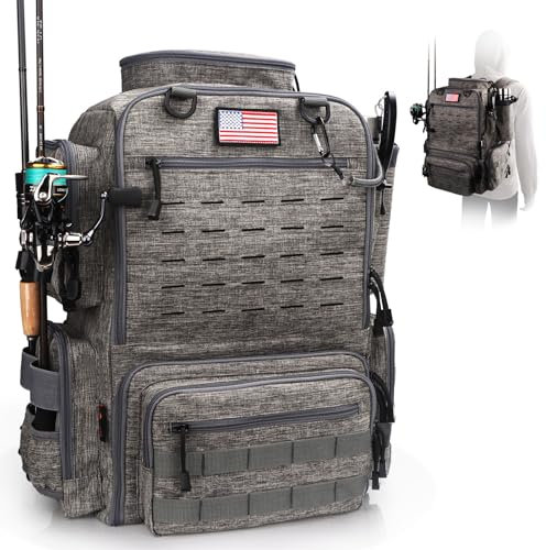 FunVZU Angelausrüstungsrucksack, wasserabweisender Angelrucksack mit Rutenhaltern für 4 Boxen (Boxen nicht im Lieferumfang enthalten), Storm Gray, Angeln