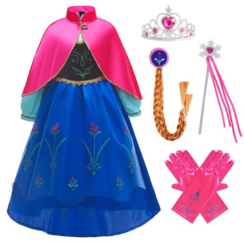 XFOZDM Anna Kostüm Mädchen Kinder Prinzessin Anna Kleid Mädchen mit Cape und Zubehör Prinzessin Kostüm für Verkleidung Faschingskostüme Halloween Weihnachten Geburtstag Party Cosplay 01 110