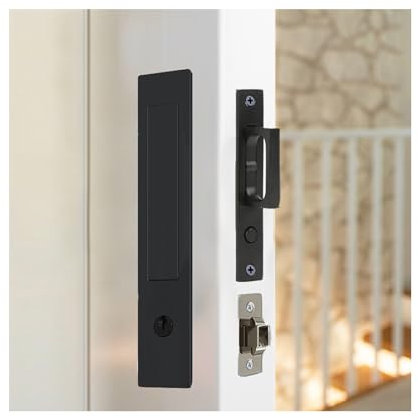 Pocket Door Lock and Pull, Recessed Pocket Door Mortise Lock with Keys, Pocket Door Edge Pull ，200mm Push-in Pocket Door Flush Handles (Matte Black, 1Pack)