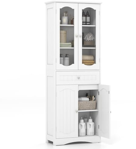 COSTWAY Armoire de Rangement de 160 cm de Haut, 2 Portes en Verre Transparent, 2 Etagères Réglables, 1 Tiroir, Autoportante, pour Salle de Bain, Cuisine, Salon, Salle à Manger, Bureau, Blanc