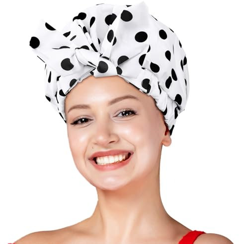 Shower Caps for Women Waterproof Reusable Hair Cap for Shower with Adjustable Bowknot Elastic Hem Shower Bath Caps Luxury Non-Slip Shower Caps Elastic Band Bowknot Bath Cap Bath Hair Hat for Women Men