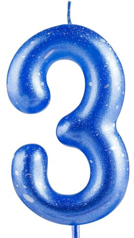 Hongplus Blue Silver Number 3 Candles, 3 Birthday Candle,Blue Happy Birthday Candles for Cake, Cake Topper Decorations for Boys Girls Him 3rd Birthday Party Decorations Supplies Favor Gift