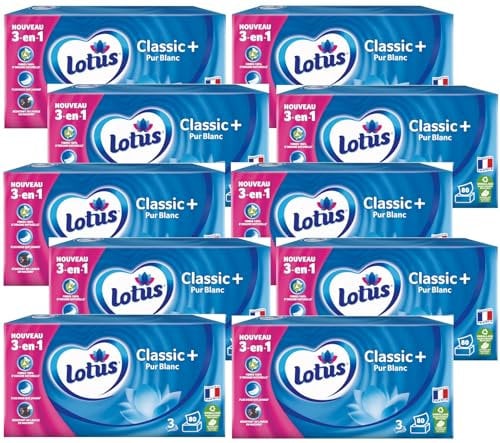 Lotus Mouchoirs Classic+ Pur Blanc 800 Mouchoirs blanc en boîte (Lot de 10 Boîtes x 80 Mouchoirs) 3 épaisseurs pour plus de confort - Offre Spéciale