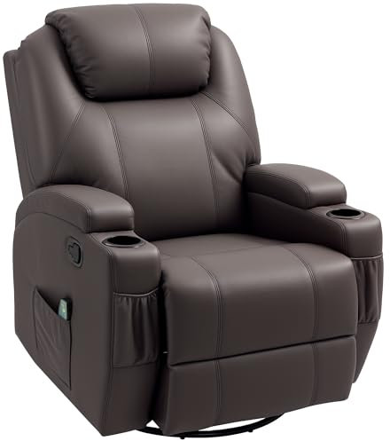 HOMCOM Poltrona Massaggiante Reclinabile Manuale, Poltrona Relax Elettrica Girevole con 2 Portabicchieri, Telecomando, Poggiapiedi e 4 Tasche Laterali, in Pelle PU, Legno e Acciaio, Marrone Scuro