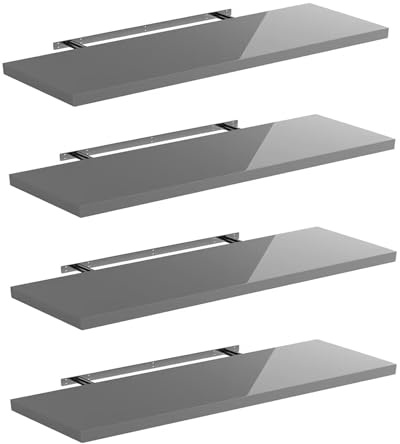 Shelfinity Set of 4 Grey Floating Shelves for Wall | 60cm High Gloss Modern Wall Shelves | for Bedroom Living Room Bathroom Kitchen Office | Floating Shelf Unit Ideal for Display & Storage