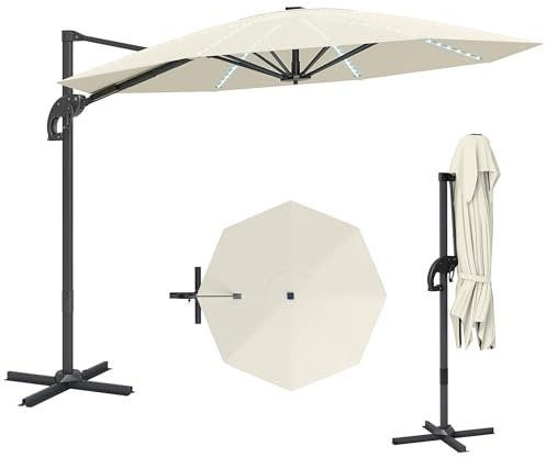 Outsunny 3(m) Cantilever Garden Parasol with Solar Powered Lights, Fibreglass Ribs, Crank Handle & Cross Base, UPF 50+, 360° Rotation, Overhanging Patio Umbrella for Patio Market, Cream