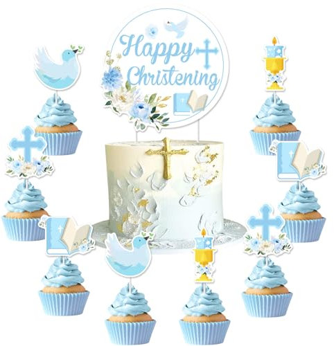 Jollyboom Christening Decorations for Boys, Happy Christening Cake Cupcake Toppers Blue Christening Cake Decorations for Baby Baptism On Your Christening Day Holy First Communion Party Supplies