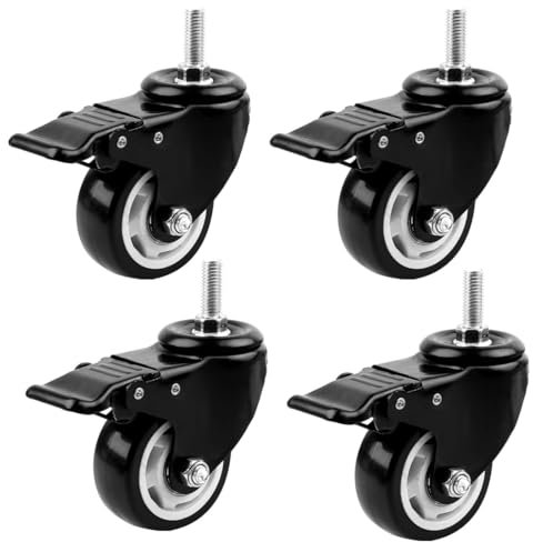 4er Set Lenkrollen mit Bremse M8×25mm, Schwerlastrollen 50mm für Möbel, Gewinde M8, Gummi Lenkrollen, Leise & Keine Spuren, Tragkraft 210kg.